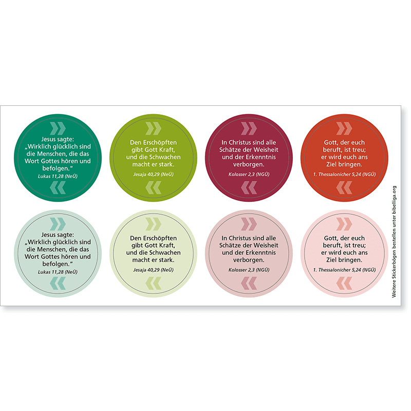Kostenfreier Stickerbogen mit 8 runden Bibelvers-Aufklebern in Pastellfarben